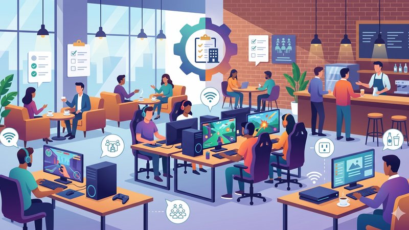 Современная иллюстрация уютного кафе с игровыми зонами для проведения корпоративного мероприятия геймеров